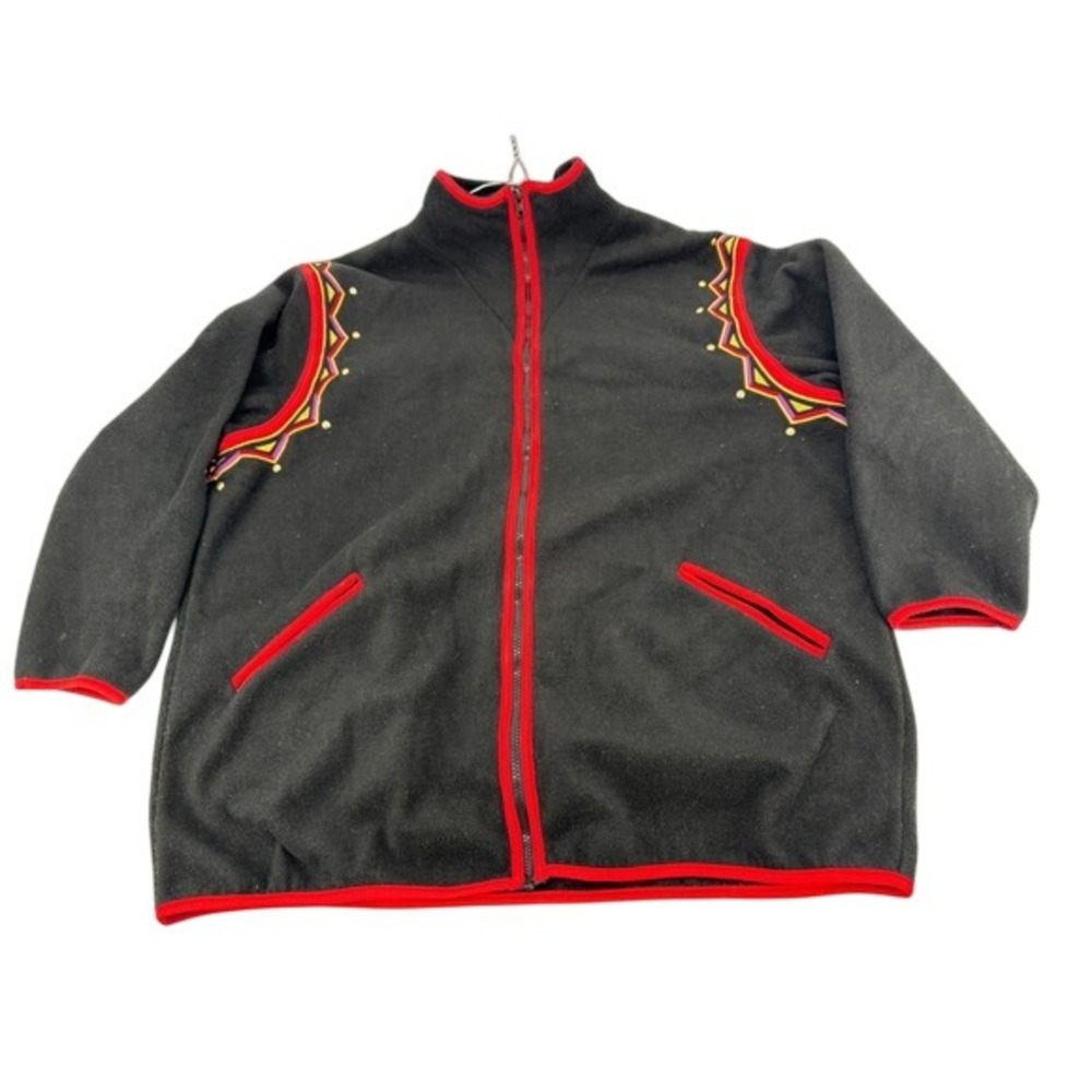Bob Mackie Wearable Art Fleece Jacket 1X Womens Full Zip Embellished Black Red‎